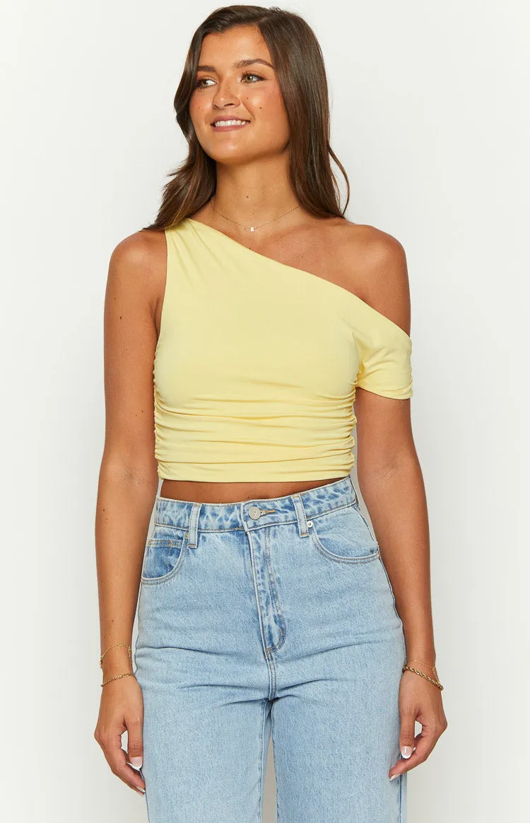 Limelight Drift Yellow Draped Off Shoulder Crop Top sold by Beginning Boutique product image thumbnail 3
