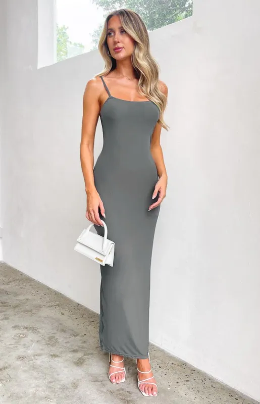 Lorie Grey Mesh Maxi Dress sold by Beginning Boutique