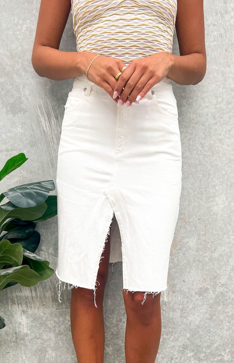 Re-worked Abrand High Waisted Midi White Denim Skirt sold by Beginning Boutique product image thumbnail 4