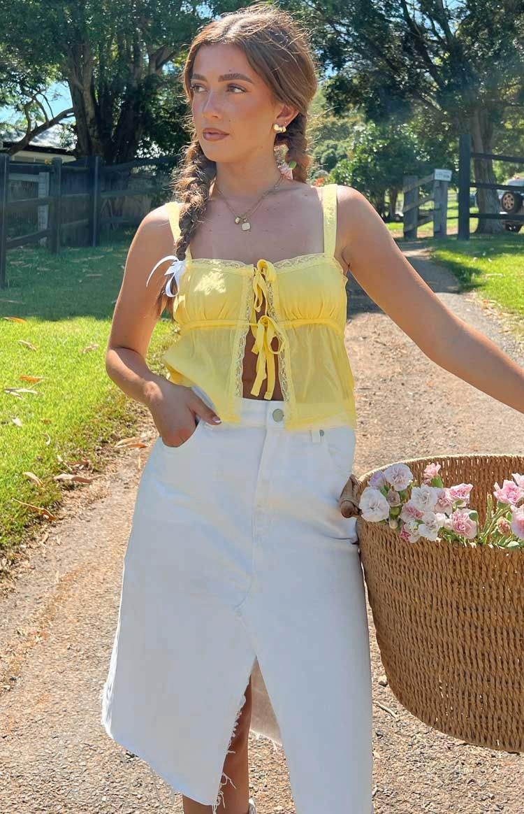 Re-worked Abrand High Waisted Midi White Denim Skirt sold by Beginning Boutique product image thumbnail 2