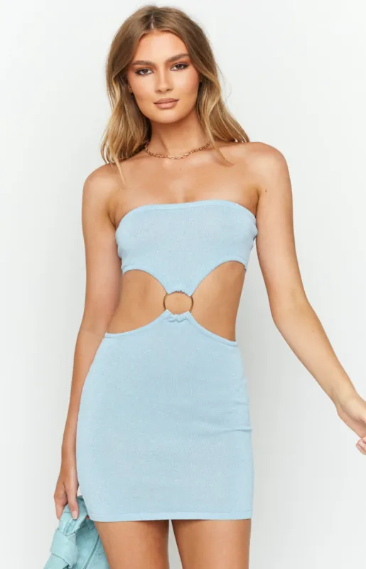 Aisha Blue Cut Out Strapless Mini Dress sold by Beginning Boutique