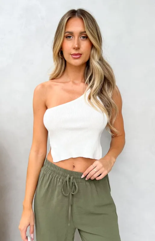 Zoya White One Shoulder Knit Top sold by Beginning Boutique