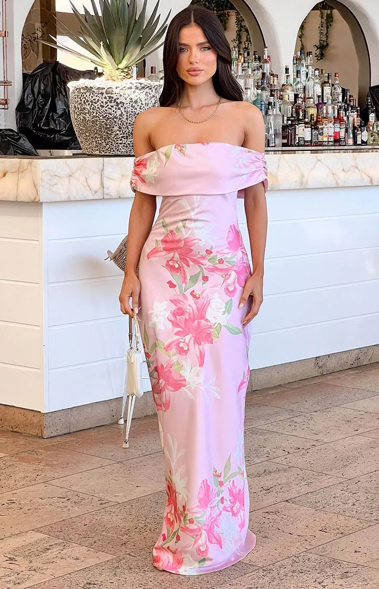 Seraphina Pink Floral Print Off The Shoulder Maxi Dress sold by Beginning Boutique