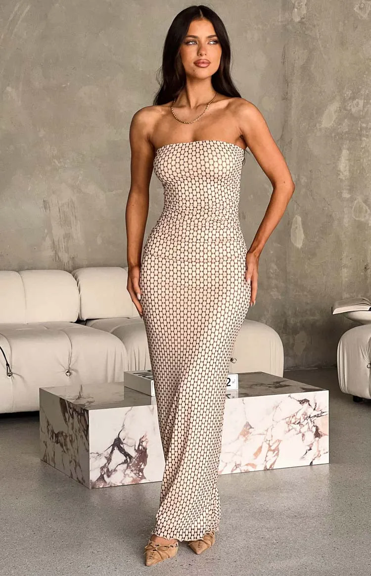 Imogen Beige Print Maxi Dress sold by Beginning Boutique