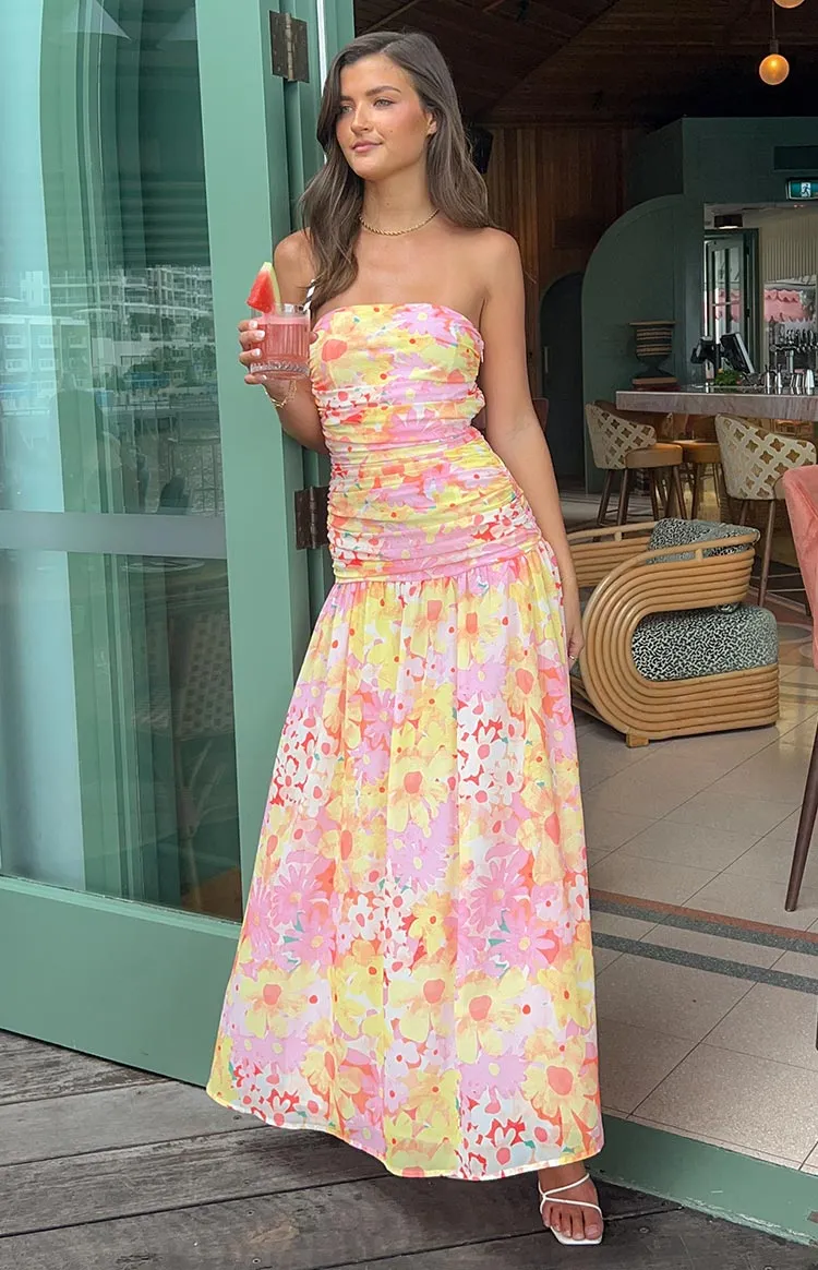 Sinclair Yellow Floral Print Strapless Maxi Dress sold by Beginning Boutique