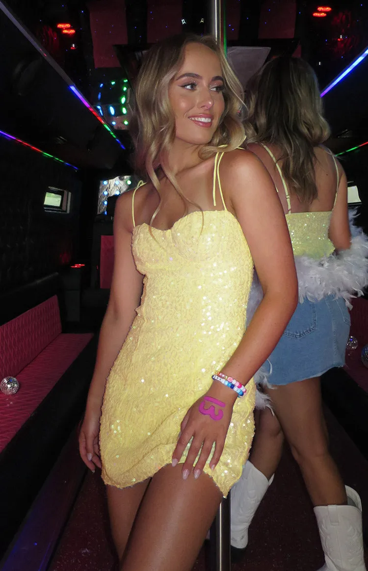 Penny Lane Yellow Sequin Mini Dress sold by Beginning Boutique