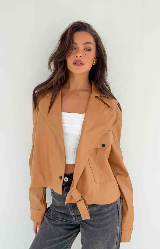 Blaze Bolt Tan PU Leather Jacket sold by Beginning Boutique