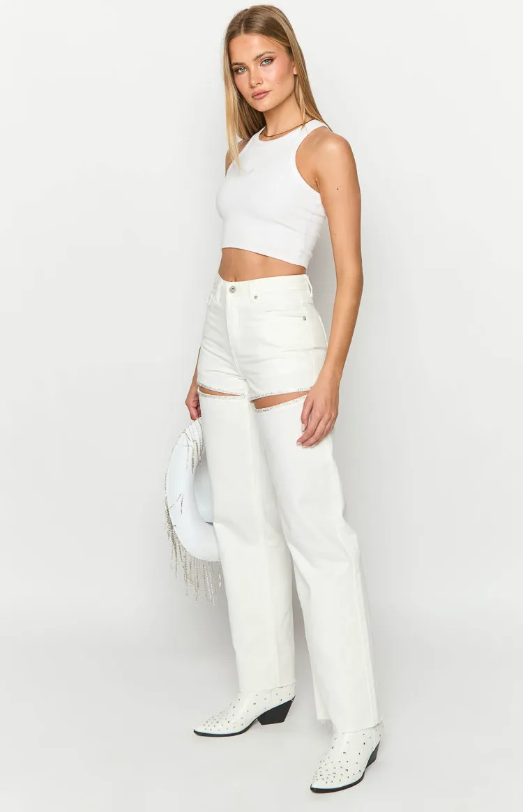 Gem Diamante Trim Wide Leg White Denim Jeans sold by Beginning Boutique product image thumbnail 4