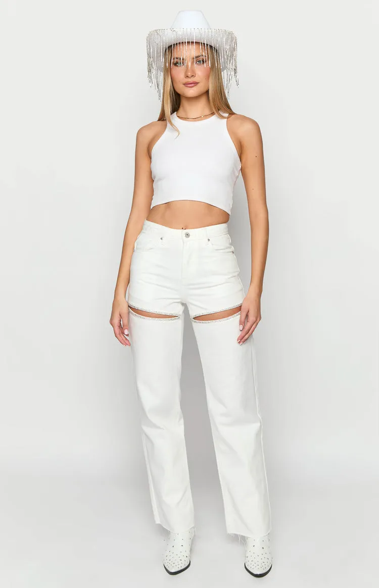Gem Diamante Trim Wide Leg White Denim Jeans sold by Beginning Boutique product image thumbnail 2