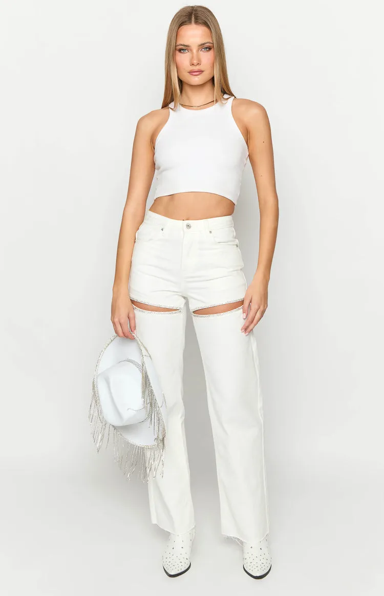 Gem Diamante Trim Wide Leg White Denim Jeans sold by Beginning Boutique product image thumbnail 3