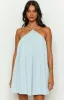 Talei Blue Halter Puff Mini Dress sold by Beginning Boutique