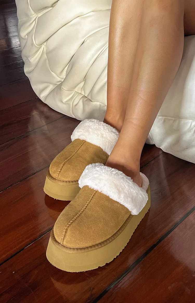 Therapy Ziggy Tan Suede Cow Slippers sold by Beginning Boutique