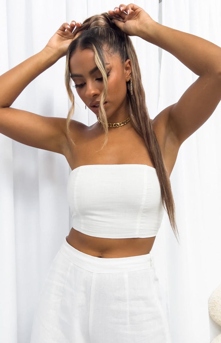 Sienna White Linen Bandeau Top sold by Beginning Boutique