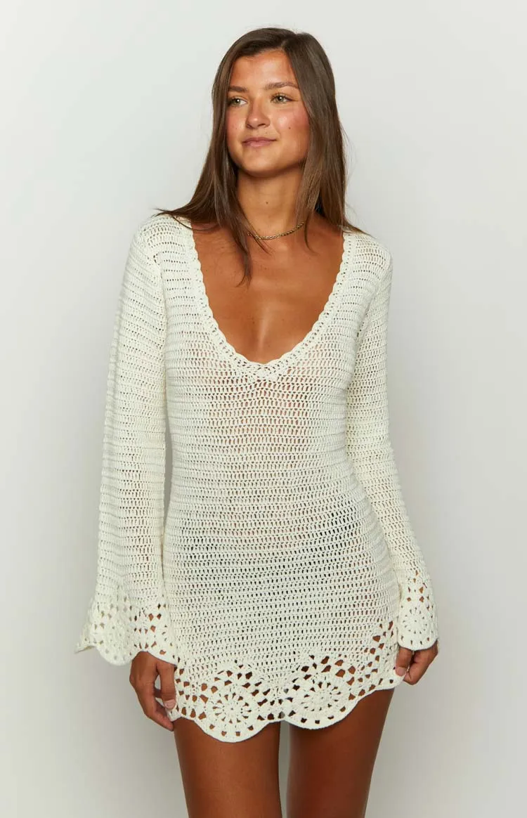 Li White Crochet Long Sleeve Mini Dress sold by Beginning Boutique product image thumbnail 3