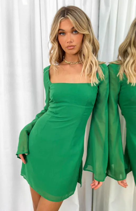 Amalfi Green Long Sleeve Lace Up Mini Dress sold by Beginning Boutique