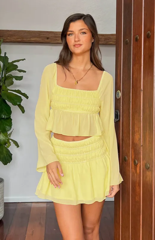 Sean Yellow Chiffon Long Sleeve Top sold by Beginning Boutique