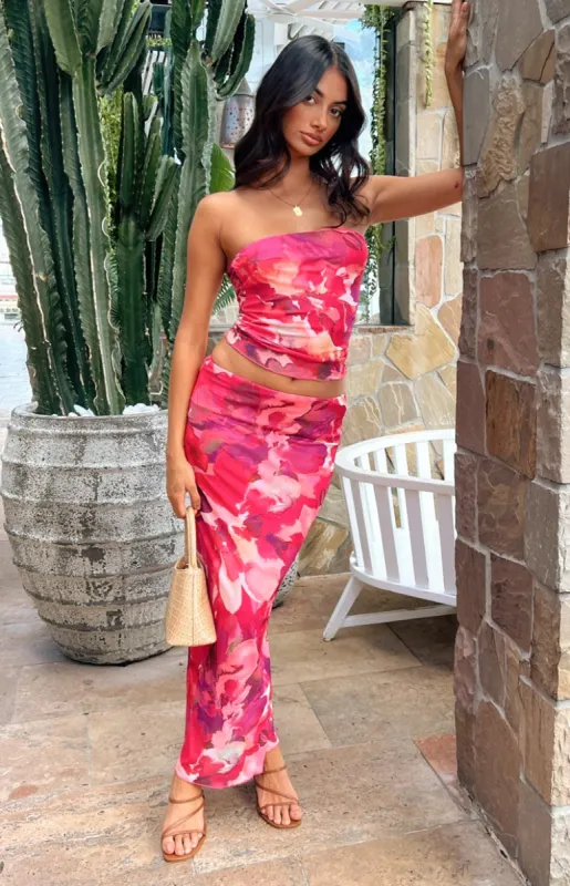 When in Rome Pink Print Mesh Maxi Skirt sold by Beginning Boutique