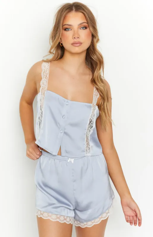 Ryleigh Blue Satin Cami Top sold by Beginning Boutique