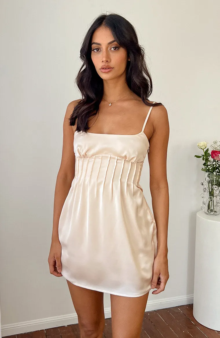 Pearl Cream Satin Mini Dress sold by Beginning Boutique