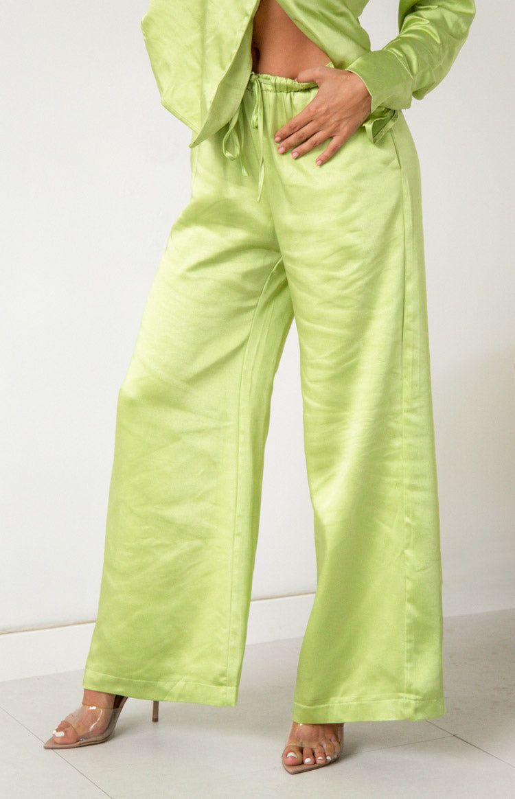 Livia Green Satin Pants sold by Beginning Boutique