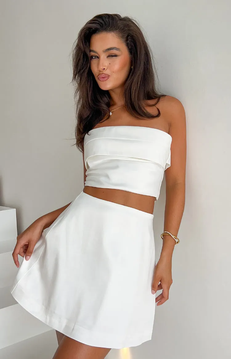 Ivory Allure White Strapless Satin Crop Top sold by Beginning Boutique