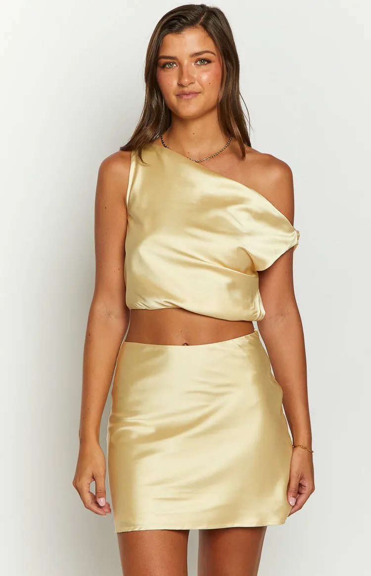 Scotlyn Yellow Satin Off The Shoulder Crop Top sold by Beginning Boutique