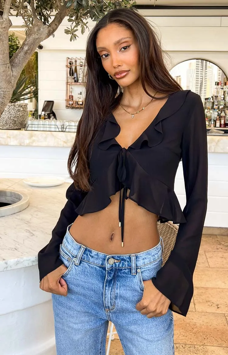 Kazan Black Frill Long Sleeve Top sold by Beginning Boutique
