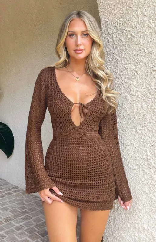 Donovan Brown Crochet Mini Dress sold by Beginning Boutique
