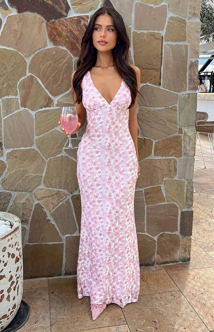 Farida Pink Lace Maxi Dress sold by Beginning Boutique