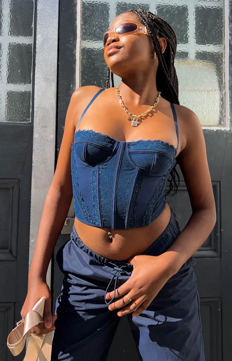 Evangeline Blue Lace Corset Top sold by Beginning Boutique