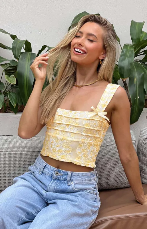 Vida Yellow Lace Bow Top sold by Beginning Boutique