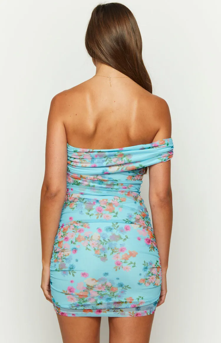 Serena Blue Floral Ruched Mesh Mini Dress sold by Beginning Boutique product image thumbnail 5