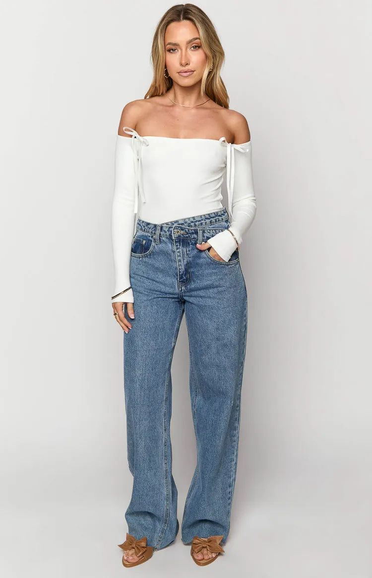 Intan White Off the Shoulder Bodysuit sold by Beginning Boutique