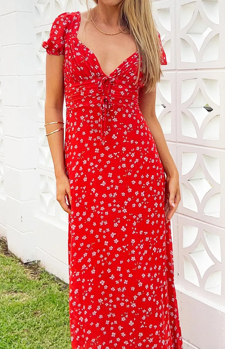 Ayla Red Floral Short Sleeve Maxi Dress sold by Beginning Boutique