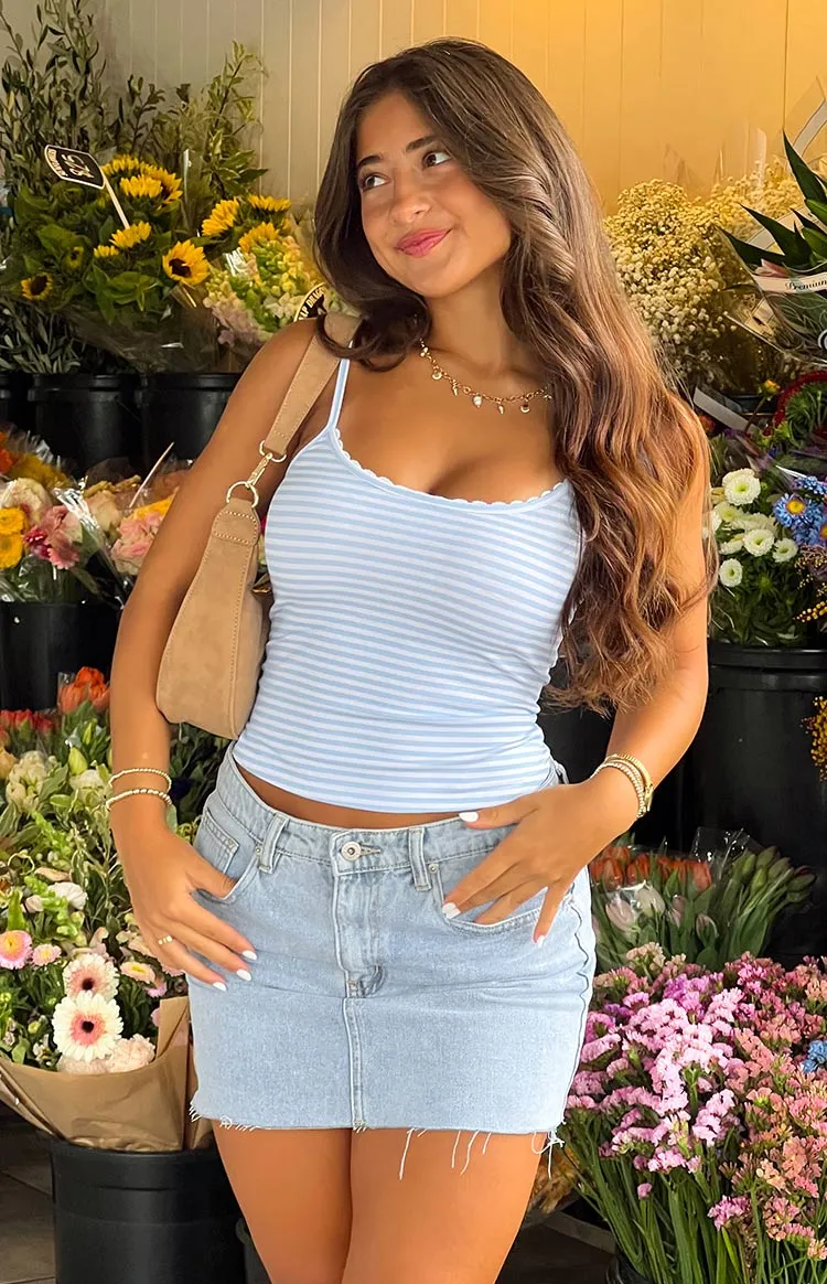 Siletto Star Light Wash Denim Low Rise Mini Skirt sold by Beginning Boutique