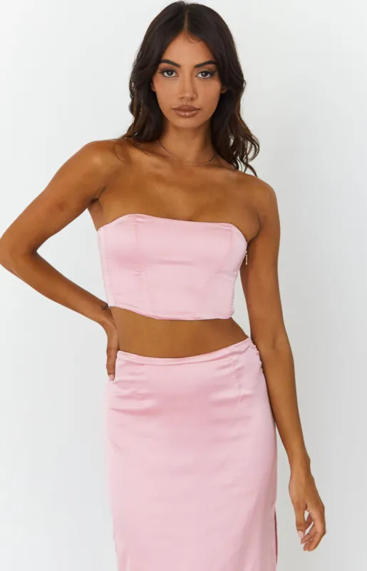 Abbey Pink Satin Corset Top sold by Beginning Boutique