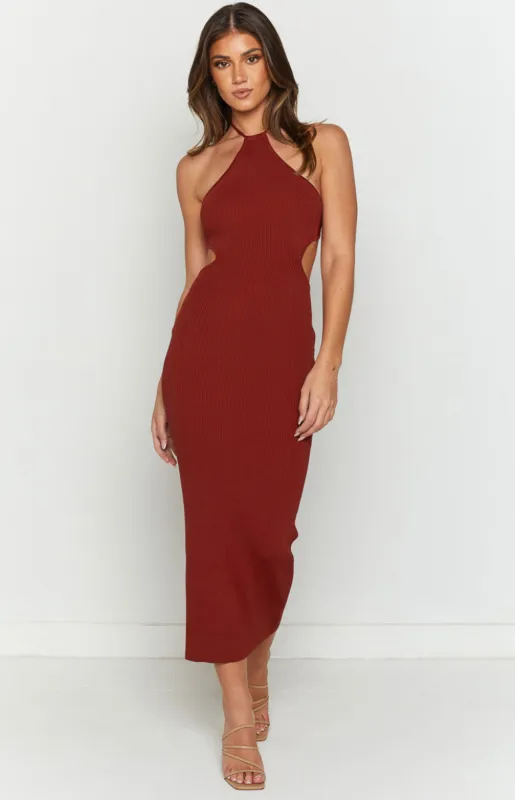 Christina Rust Halter Rib Maxi Dress sold by Beginning Boutique