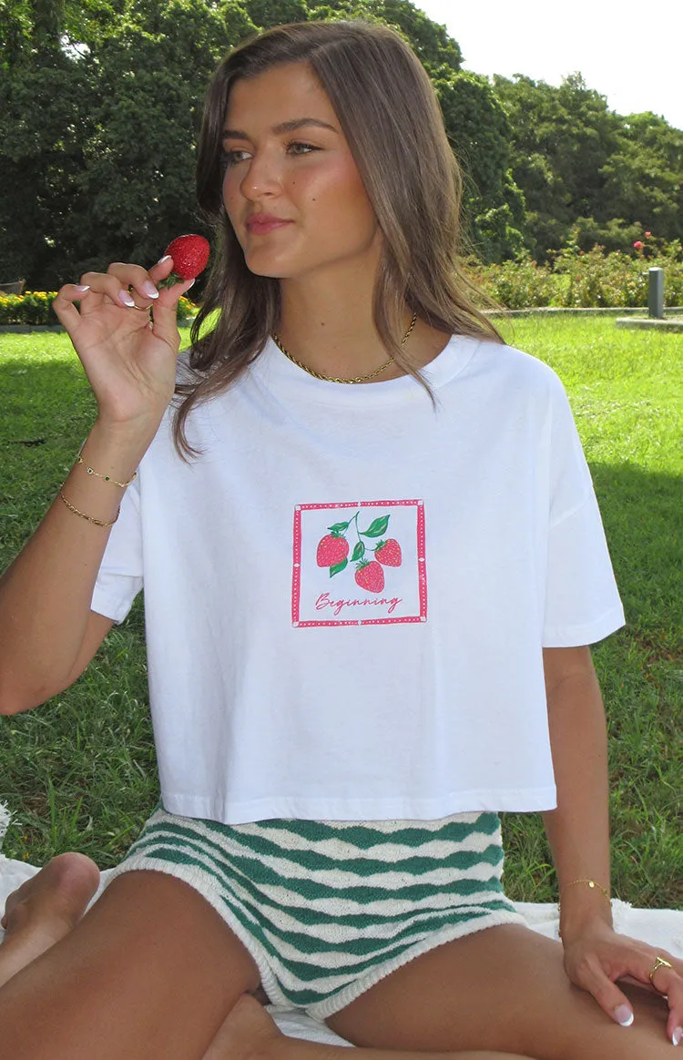 Strawberry Jewel White Cropped Tee sold by Beginning Boutique