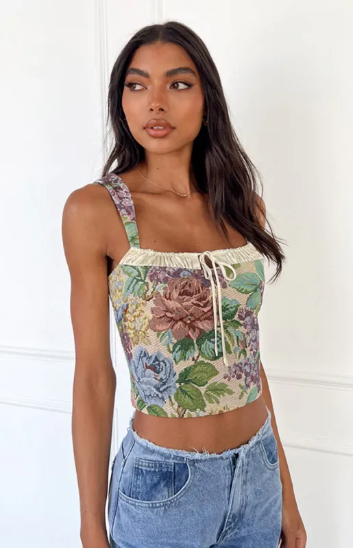 Till Forever Floral Tapestry Top sold by Beginning Boutique