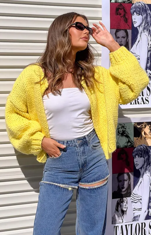 Bad Habits Yellow Knit Cardigan sold by Beginning Boutique