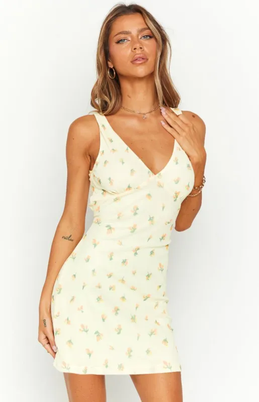 Laurie Yellow Floral Mesh Mini Dress sold by Beginning Boutique