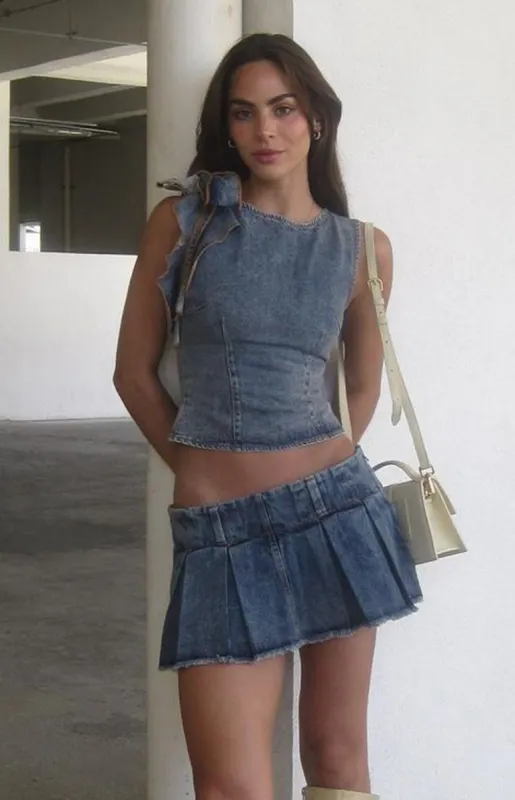 Lioness Rendezvous Faded Denim Top sold by Beginning Boutique