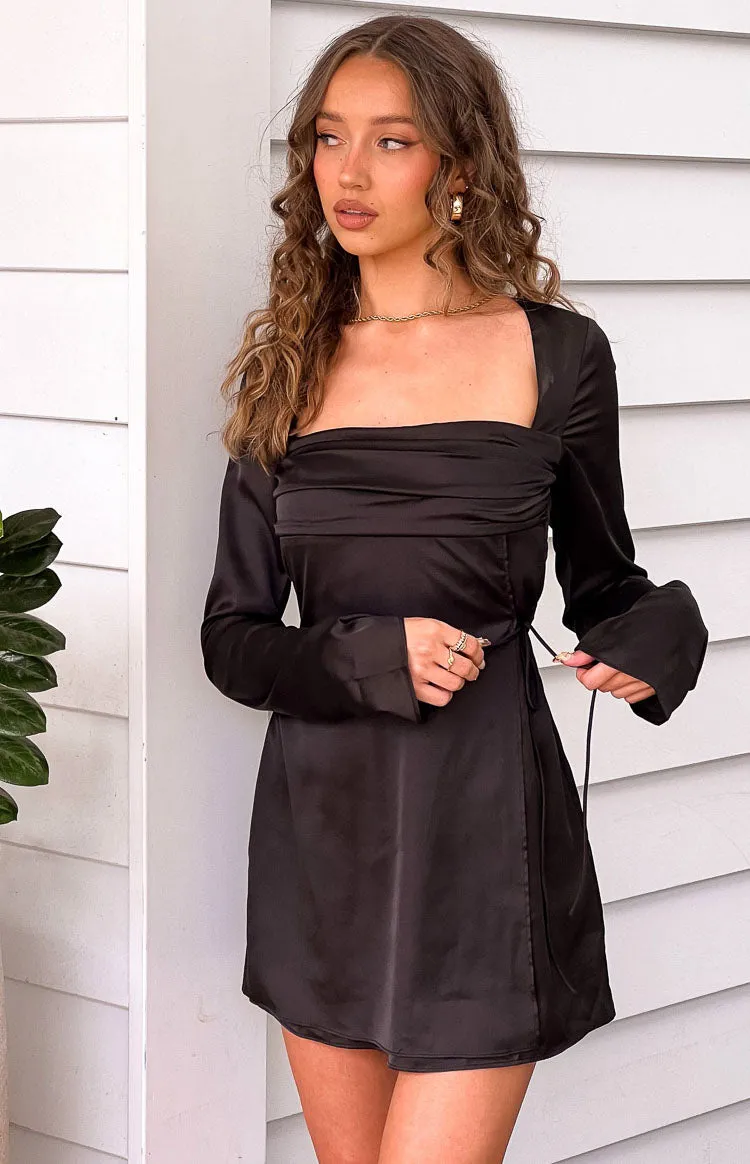 Lucy Black Satin Long Sleeve Mini Dress sold by Beginning Boutique