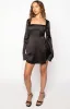 Lucy Black Satin Long Sleeve Mini Dress sold by Beginning Boutique