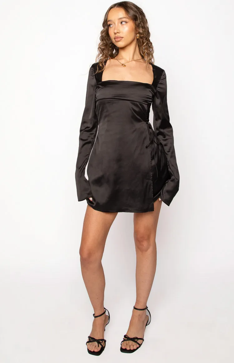 Lucy Black Satin Long Sleeve Mini Dress sold by Beginning Boutique product image thumbnail 3