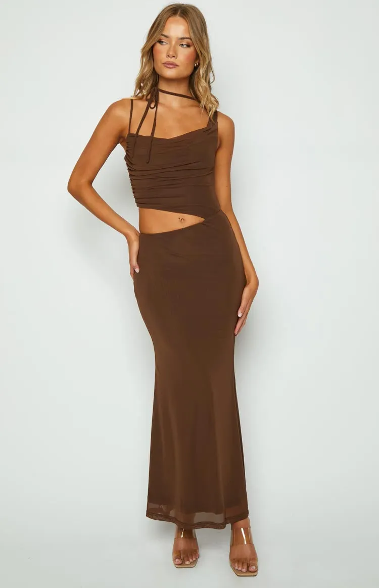 Graciela Brown Tie Neck Mesh Maxi Dress sold by Beginning Boutique product image thumbnail 4