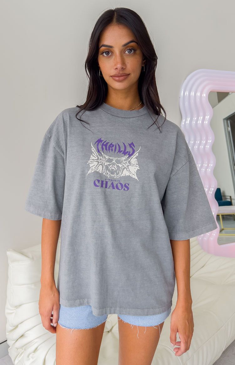 Thrills Chaos Skull Washed Grey Oversized Tee sold by Beginning Boutique