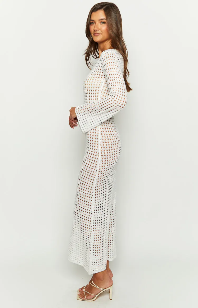 Destinations White Crochet Long Sleeve Maxi Dress sold by Beginning Boutique product image thumbnail 4
