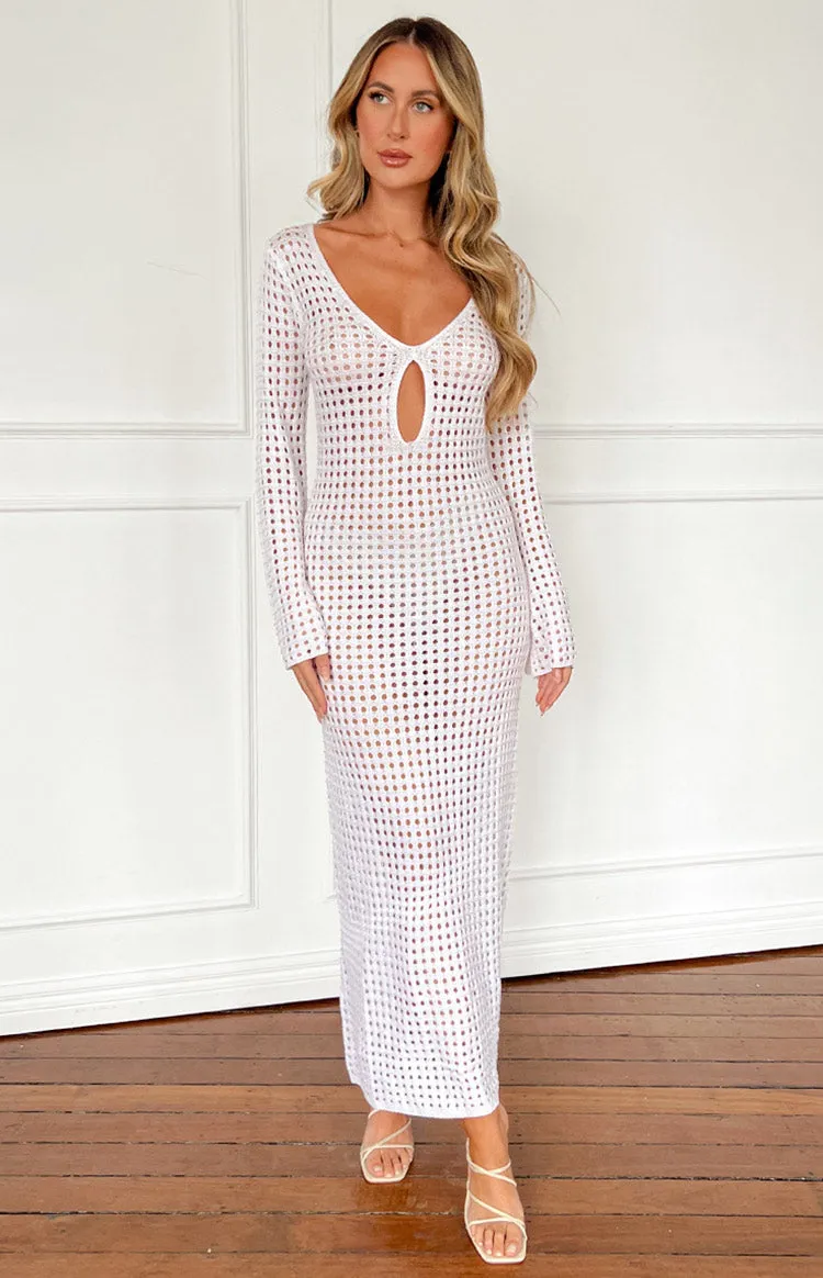 Destinations White Crochet Long Sleeve Maxi Dress sold by Beginning Boutique