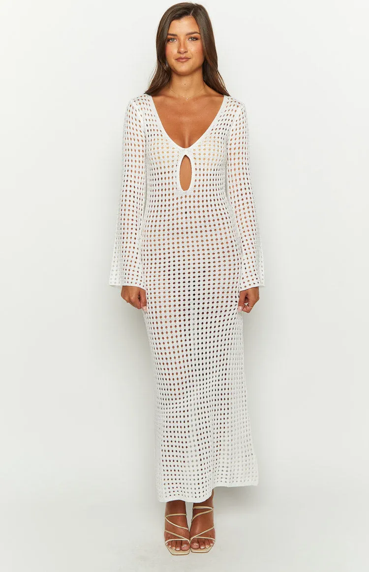 Destinations White Crochet Long Sleeve Maxi Dress sold by Beginning Boutique product image thumbnail 2